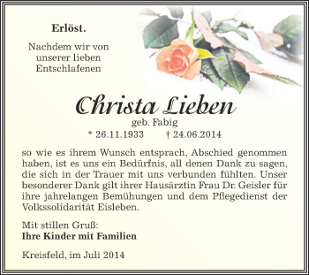 Traueranzeige von Christa Lieben von Wochenspiegel Mansfelder Land