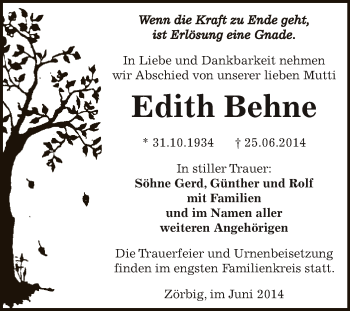 Traueranzeige von Edith Behne von WVG - Wochenspiegel Bitterfeld