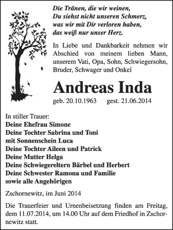 Traueranzeige von Andreas Inda von Super Sonntag Wittenberg