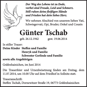 Traueranzeige von Günter Tschab von Super Sonntag Wittenberg