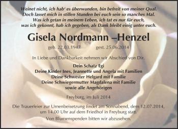 Traueranzeige von Gisela Nordmann–Henzel von WVG - Wochenspiegel NMB / WSF / ZTZ