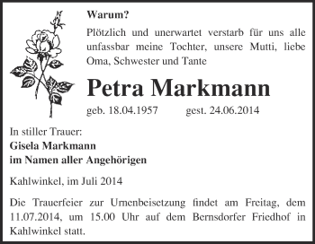 Traueranzeige von Petra Markmann von WVG - Wochenspiegel NMB / WSF / ZTZ