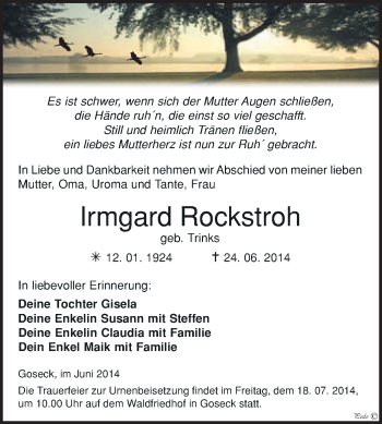 Traueranzeige von Irmgard Rockstroh von WVG - Wochenspiegel NMB / WSF / ZTZ