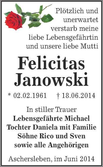 Traueranzeige von Felicitas Janowski von WVG - Wochenspiegel Aschersleben