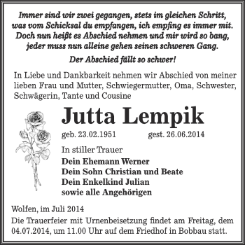 Traueranzeige von Jutta Lempik von WVG - Wochenspiegel Bitterfeld