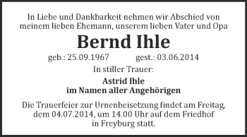 Traueranzeige von Bernd Ihle von WVG - Wochenspiegel NMB / WSF / ZTZ