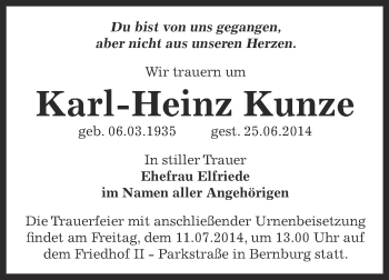 Traueranzeige von Karl-Heinz Kunze von Super Sonntag Bernburg