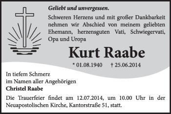 Traueranzeige von Kurt Raabe von Super Sonntag Dessau / Köthen