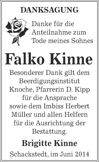 Traueranzeige von Falko Kinne von Super Sonntag Aschersleben