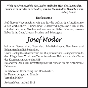 Traueranzeige von Josef Moder von WVG - Wochenspiegel Aschersleben