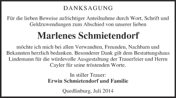 Traueranzeige von Marlenes Schmietendorf von Super Sonntag Quedlinburg