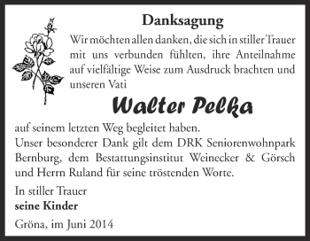 Traueranzeige von Walter Pelka von Super Sonntag Bernburg