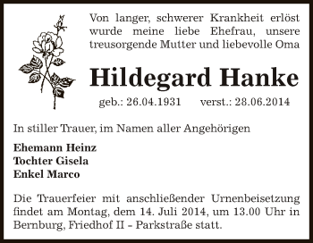 Traueranzeige von Hildegard Hanke von Super Sonntag Bernburg