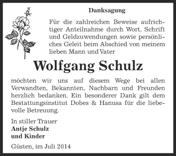 Traueranzeige von Wolfgang Schulz von Super Sonntag Bernburg
