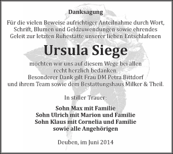 Traueranzeige von Ursula Siege von WVG - Wochenspiegel NMB / WSF / ZTZ