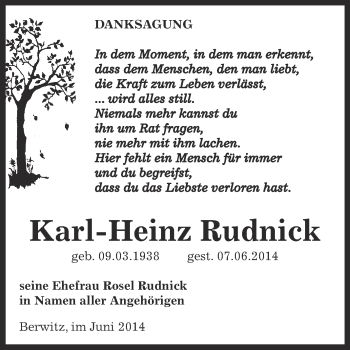 Traueranzeige von Karl-Heinz Rudnick von Super Sonntag Bernburg