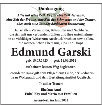 Traueranzeige von Edmund Garski von Super Sonntag Dessau / Köthen