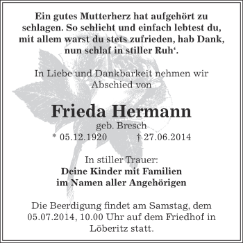 Traueranzeige von Frieda Hermann von WVG - Wochenspiegel Bitterfeld