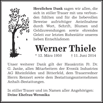 Traueranzeige von Werner Thiele von WVG - Wochenspiegel Bitterfeld