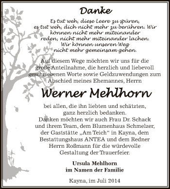 Traueranzeige von Werner Mehlhorn von Super Sonntag Zeitz