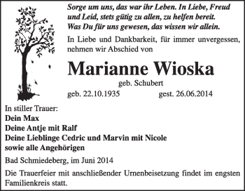 Traueranzeige von Marianne Wioska von Super Sonntag Wittenberg