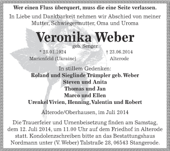 Traueranzeige von Veronika Weber von Super Sonntag SGH Mansf. Land