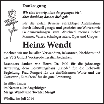 Traueranzeige von Heinz Wendt von Super Sonntag Dessau / Köthen