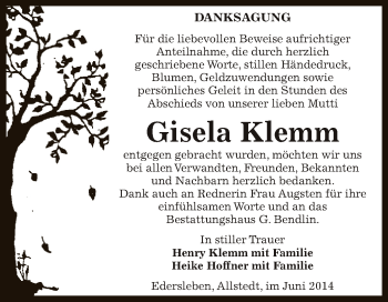 Traueranzeige von Gisela Klemm von Super Sonntag SGH Mansf. Land