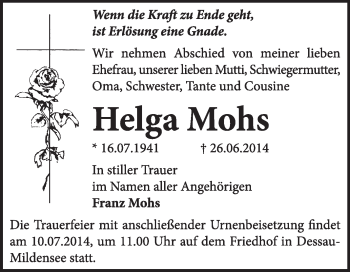 Traueranzeige von Helga Mohs von Super Sonntag Dessau / Köthen