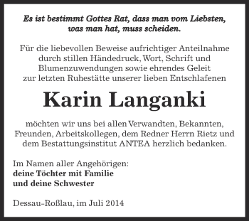 Traueranzeige von Karin Langanki von WVG - Wochenspiegel Dessau / Köthen
