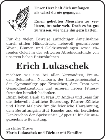 Traueranzeige von Erich Lukaschek von Super Sonntag Aschersleben