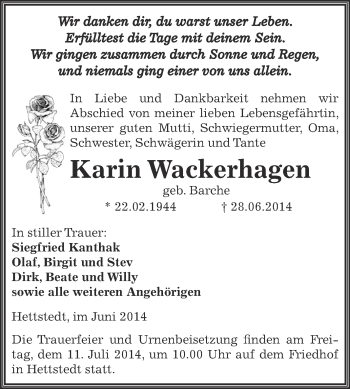 Traueranzeige von Karin Wackerhagen von Wochenspiegel Mansfelder Land