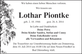 Traueranzeige von Lothar Piontke von Super Sonntag Merseburg