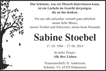 Traueranzeige von Sabine Stoebel von Super Sonntag Merseburg