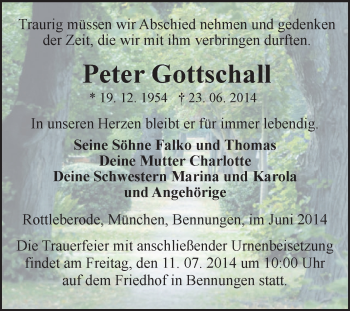 Traueranzeige von Peter Gottschall von Super Sonntag SGH Mansf. Land