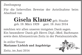 Traueranzeige von Gisela Klause von Super Sonntag Zeitz