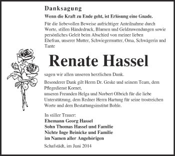 Traueranzeige von Renate Hassel von Super Sonntag Merseburg