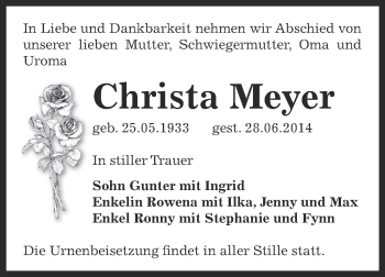 Traueranzeige von Christa Meyer von Super Sonntag Bernburg