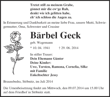 Traueranzeige von Bärbel Geck von Super Sonntag Merseburg