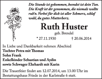 Traueranzeige von Ruth Huster von Super Sonntag Dessau / Köthen