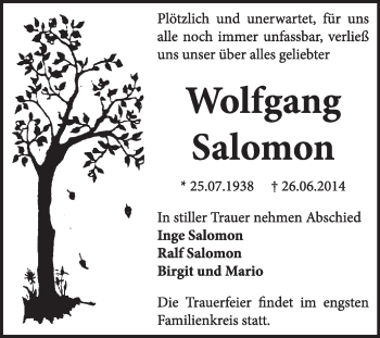 Traueranzeige von Ralf Salomon von Super Sonntag Dessau / Köthen