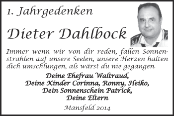 Traueranzeige von Dieter Dahlbock von Super Sonntag SGH Mansf. Land