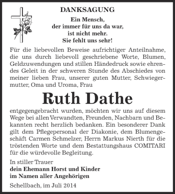 Traueranzeige von Ruth Dathe von Super Sonntag Zeitz