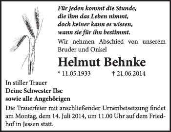 Traueranzeige von Helmut Behnke von WVG - Wochenspiegel Wittenberg