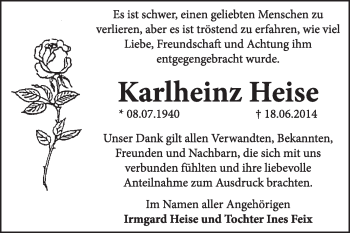 Traueranzeige von Karlheinz Heise von Super Sonntag Dessau / Köthen