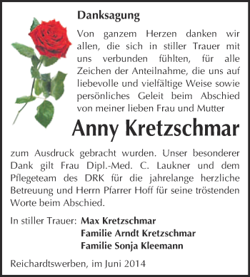 Traueranzeige von Anny Kretzschmar von WVG - Wochenspiegel NMB / WSF / ZTZ