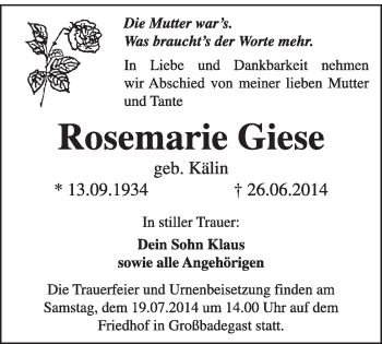 Traueranzeige von Rosemarie Giese von Super Sonntag Dessau / Köthen
