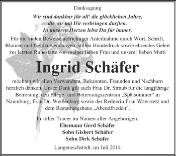 Traueranzeige von Ingrid Schäfer von Super Sonntag Merseburg