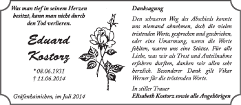Traueranzeige von Eduard Kostorz von Super Sonntag Wittenberg