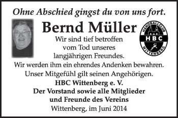 Traueranzeige von Bernd Müller von Super Sonntag Wittenberg